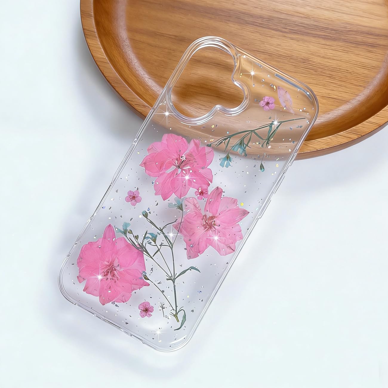 for iPhone 16 Case Cute Clear with Dry Real Floral Design Bling Glitter Sparkly Aesthetic Soft TPU Slim Shockproof Protective Women Girl Girly Blue Pink Flower Phone Case for iPhone 16 - Image 2