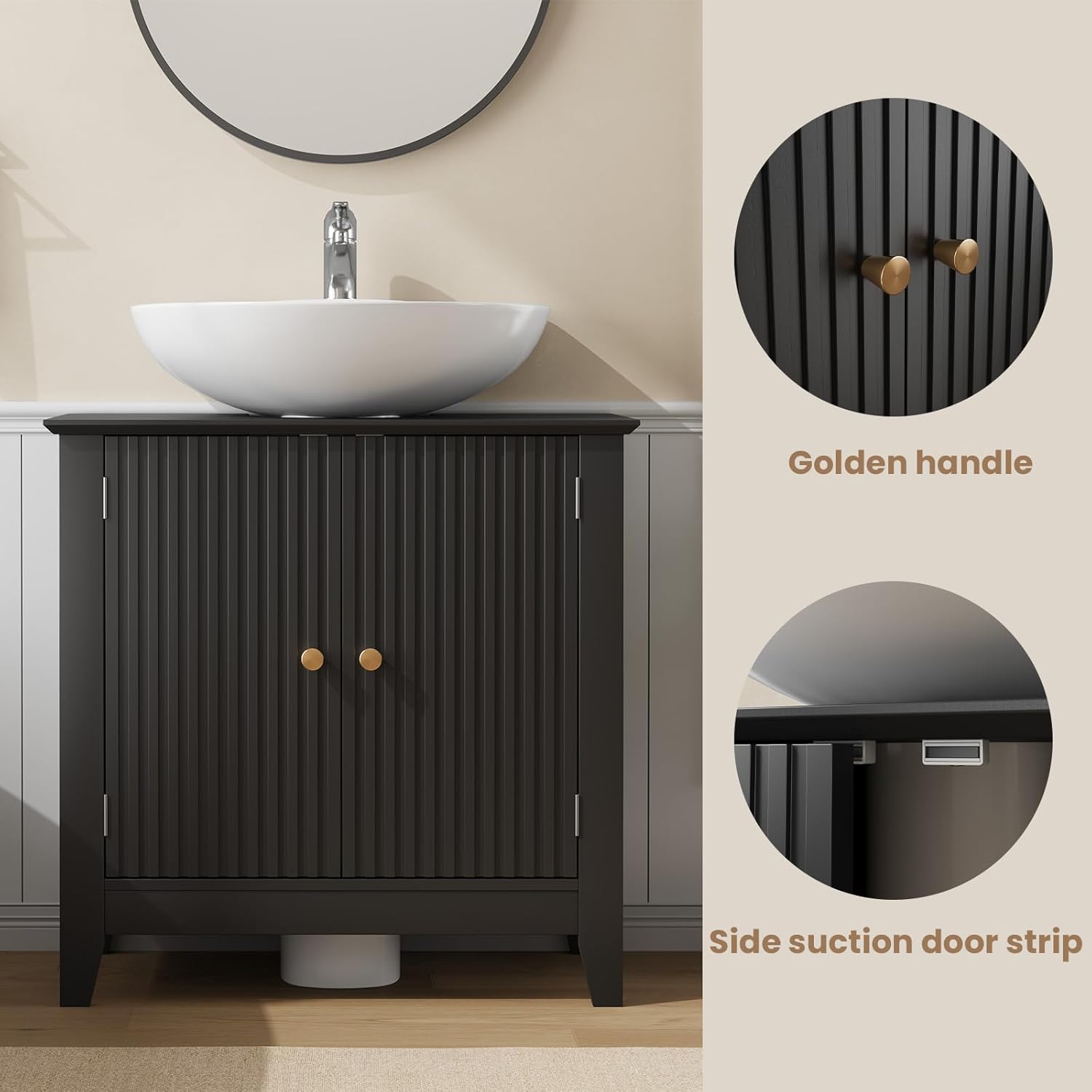 REDAYFUR Under Sink Bathroom Cabinet with U-Shape Cut-Out, 2 Doors Bathroom Vanity, Storage Organizer for Pedestal Sink, Black