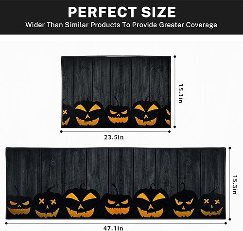 Miniatura 2 de Juego de 2 alfombras y tapetes de cocina de Halloween antideslizantes y lavables, con cara de calabazas aterradoras de dibujos animados, tapetes de