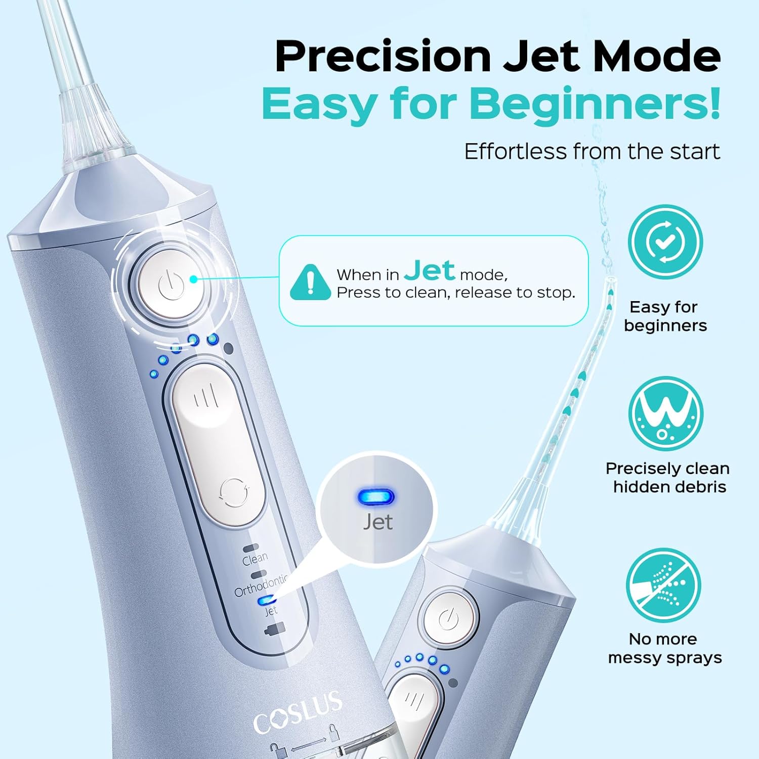 COSLUS C51 Portable Water Flosser for Teeth: 3 Modes & 6 Pressure Settings with Jet Mode Water Dental Pick for Orthodontic, Braces, Sensitive Gums, Compact for Travel, 300ML for Multiple Users, Blue