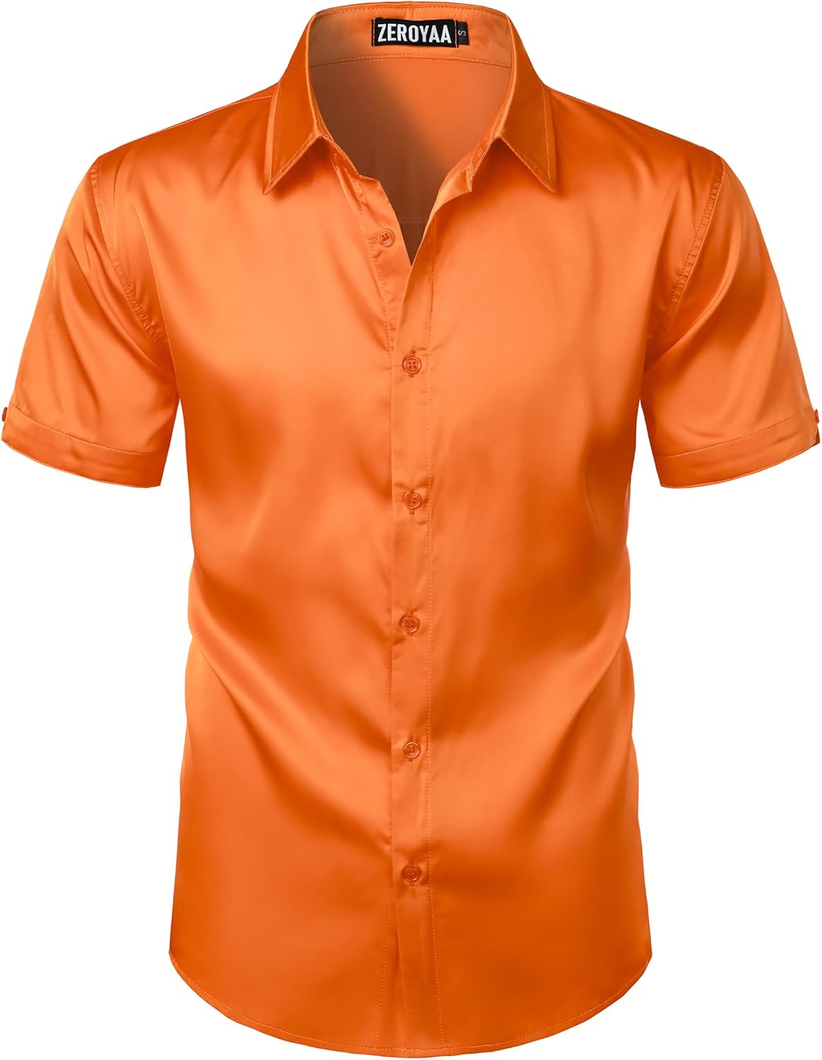 ZEROYAA Men's Hipster Shiny Silk Satin Shirt Regular Fit Short Sleeve Casual Button Down Dress Shirts for Summer Party