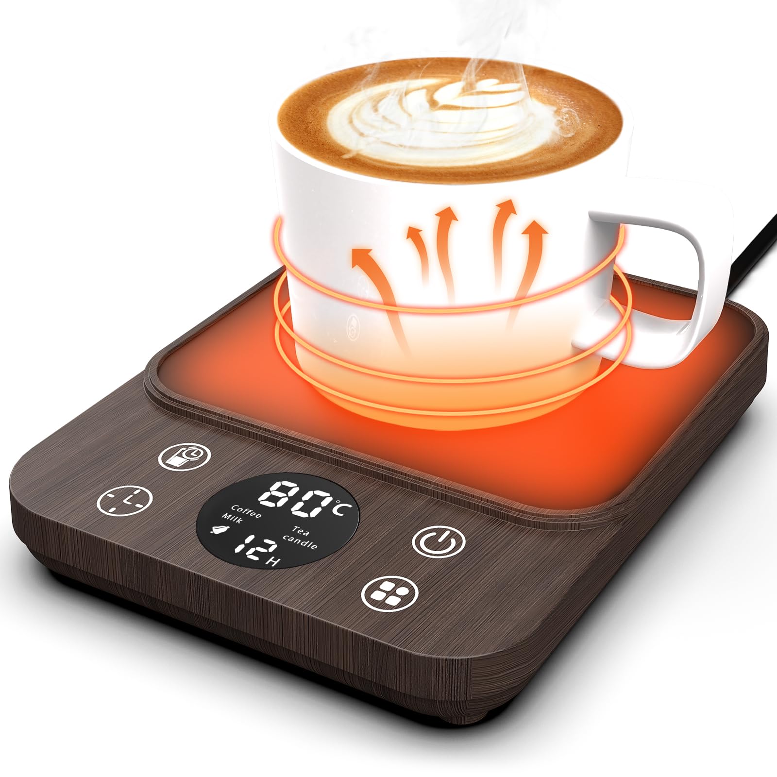 MYMULIKE Scaldatazze da caffè, Scaldatazze aggiornato, Scaldabevande elettrico 9 impostazioni di temperatura con 8 H spegnimento automatico, per scrivania, scalda bevande per cacao, venatura del legno