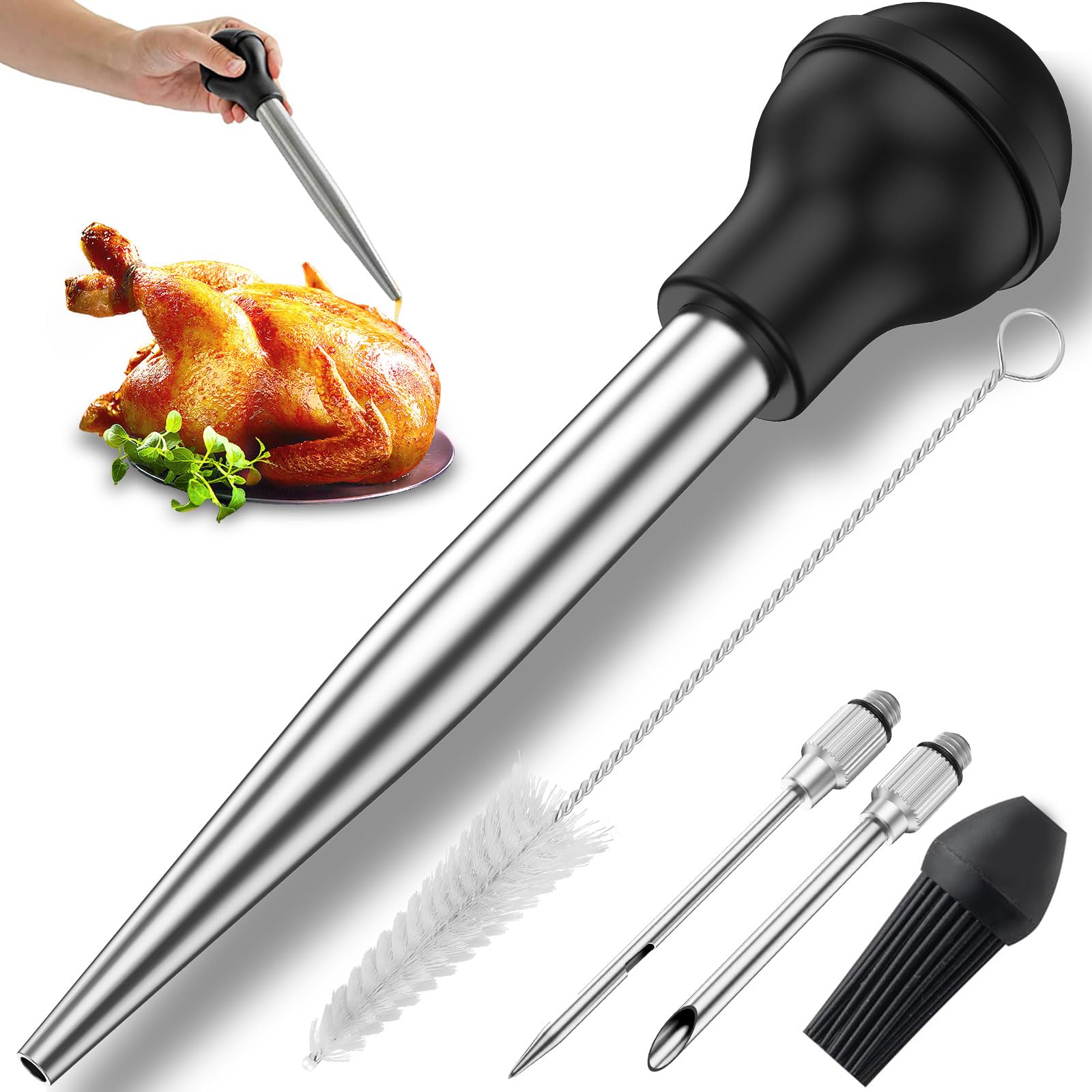 US Turkey Baster Stainless Steel Turkey Baster Syringe with Cleaning Brush Meat Marinade Injector with 2 Needles and Detachable Silicone Round Bulb Meat Baster for BBQ Grill Baking Kitchen Cooking