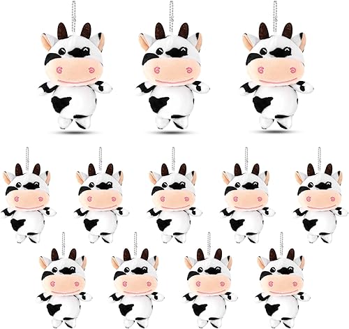 12 llaveros de vaca de peluche de animales de peluche, recuerdos de fiesta, llavero Kawaii de animales de granja para suministros de regalo de