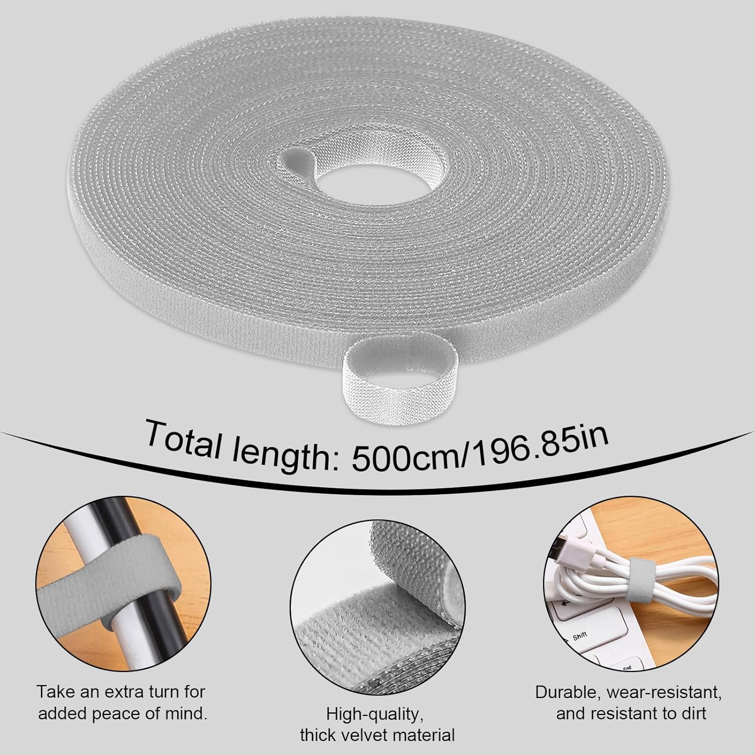 6.5ft x 1 Pack Reusable Cable Ties, Adjustable Cord Straps, Cable Organizer, Cord Wrap and Hook Loop Cords Management, Grey