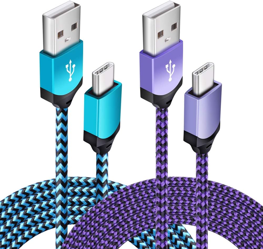 AILKIN 2Pack Durable Braided USB C Cables, Type C Fast Charging Cord Compatible with Moto G7 G6 Z4 Play Z3, Samsung Galaxy 10e S10 Plus S9 S8 Note 9, LG V50 V40 G8 Qinq LG Stylo 5/4 Plus-Blue, Purple