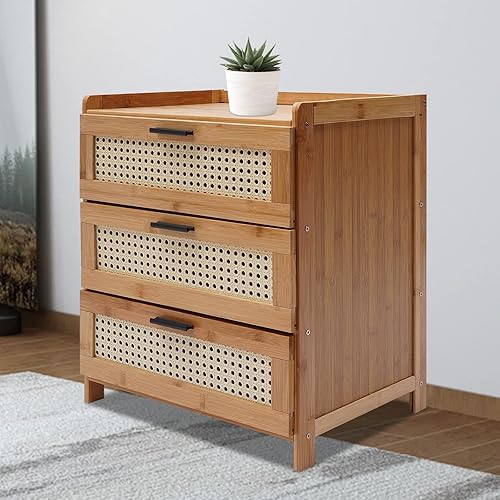 Miniatura 3 de Rattan Nightstand Minimalist Scandinavian Style End Table with Drawer Bamboo Accent Sofa Side Table Modern Natural Rattan End Table for Small Spaces