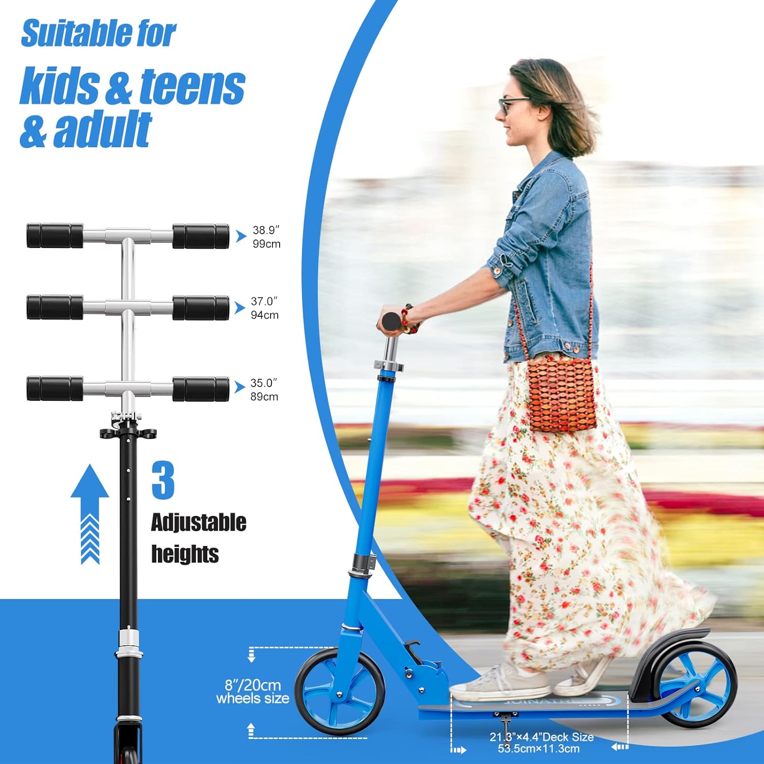 Scooter 200mm Large Wheels Lightweight Foldable Teen Adult Scooter Blue