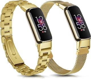 KOREDA Compatible with Fitbit Luxe Bands Sets, 2 Pack Stainless Steel Metal Band + Mesh Woven Strap Replacement Bracelet Wristband for Fitbit Luxe Fitness and Wellness Tracker (Champaign Gold)