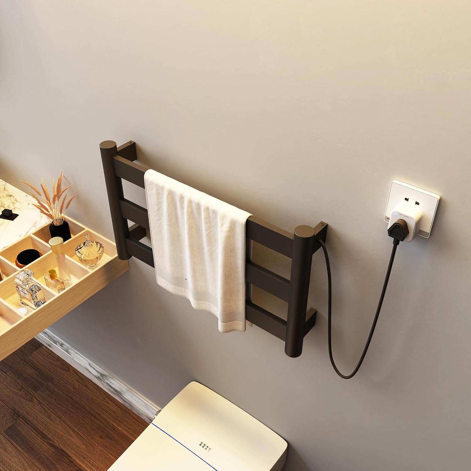 Bathroom Heated Towel Rack with Timer Smart Thermostatic Towel Warmer Stainless Steel Wall Mounted Water Proof Dryer Holders No Drilling