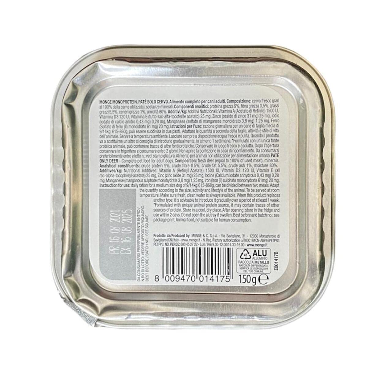Monge Monoprotein Cibo umido per Cani solo Cervo, naturalmente senza coloranti, conservanti e zuccheri aggiunti. Confezione da 24 vaschette (1 = 150gr.)