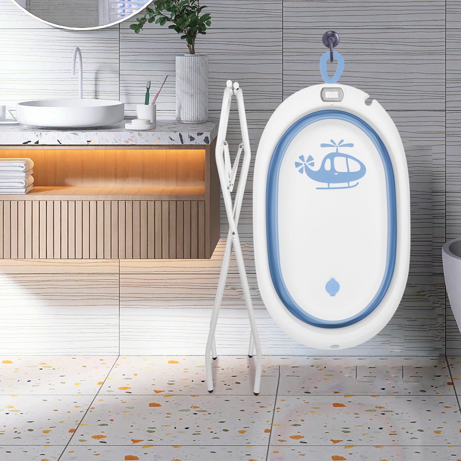 Homewell - Bañera de bebé (81 cm, con soporte, termómetro, cojín de baño y kit de drenaje, para recién nacidos y niños, color azul