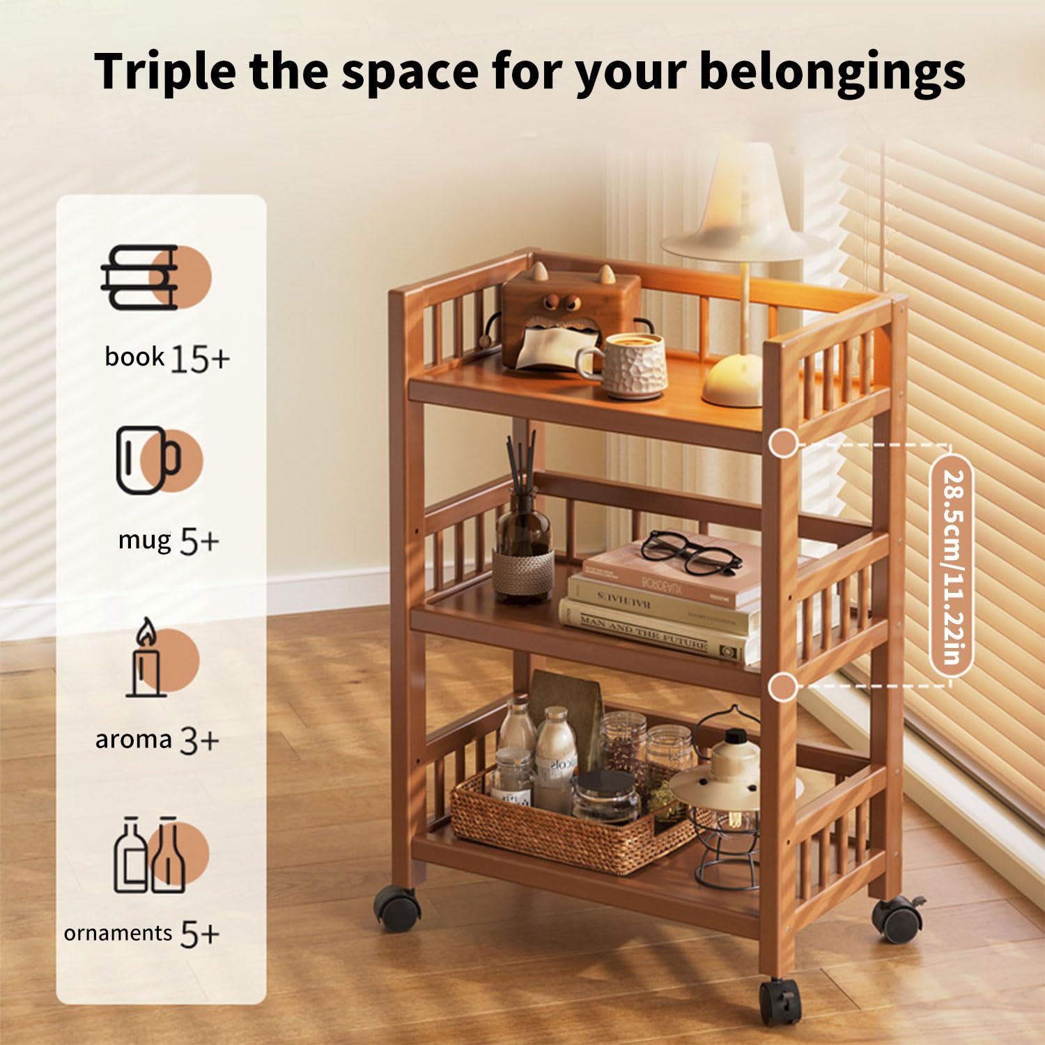 Carro de servir con ruedas, carrito de cocina de madera, 3 estantes, carrito móvil multiusos para cocina, baño, pasillo y balcón, carrito auxiliar para ahorrar espacio