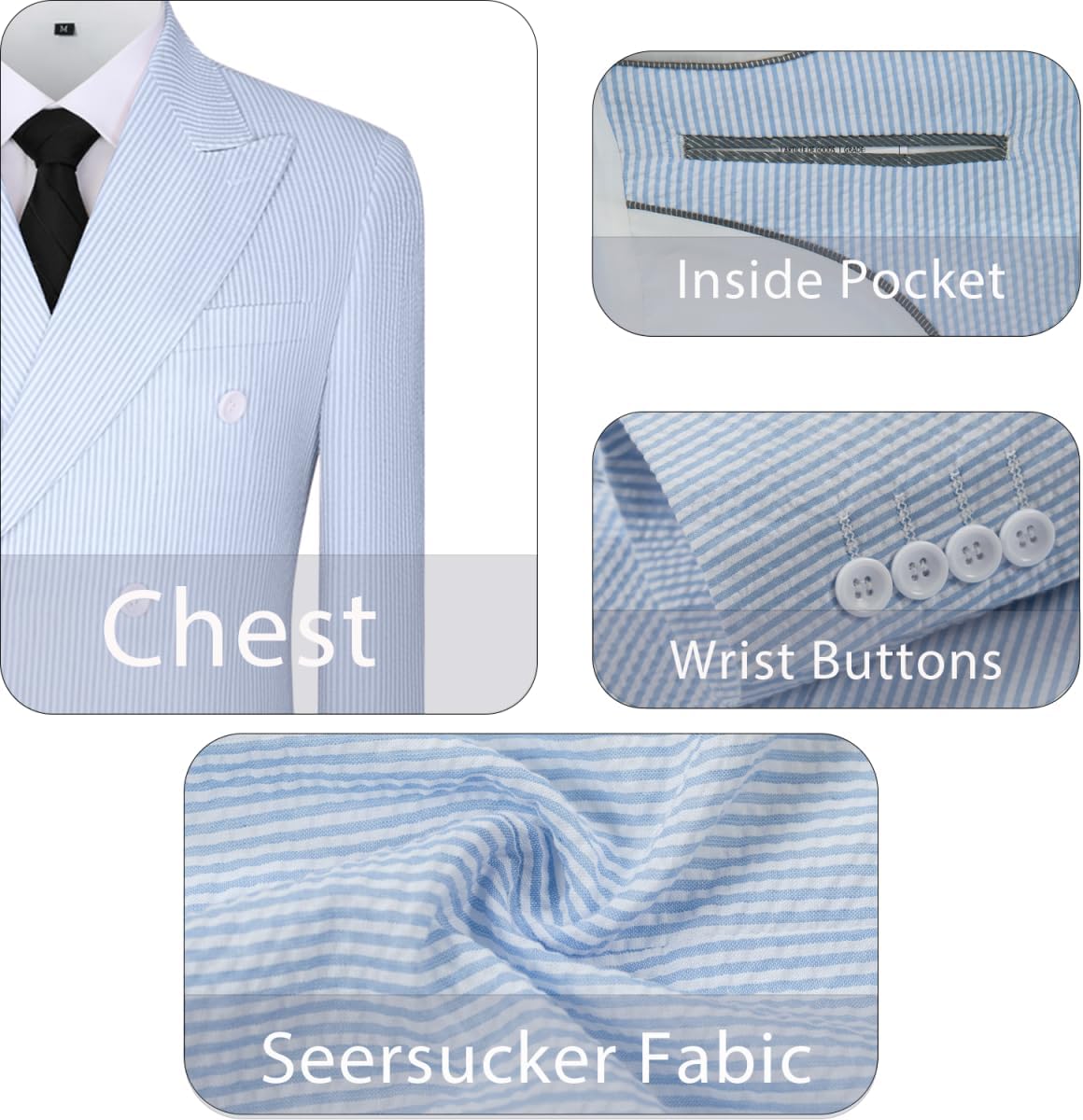 Seersucker Mens Suit Slim Fit 2 Pieces Striped Tuxedos Set Jacket Blazer Pants Double Breasted Summer Suits for Men Prom