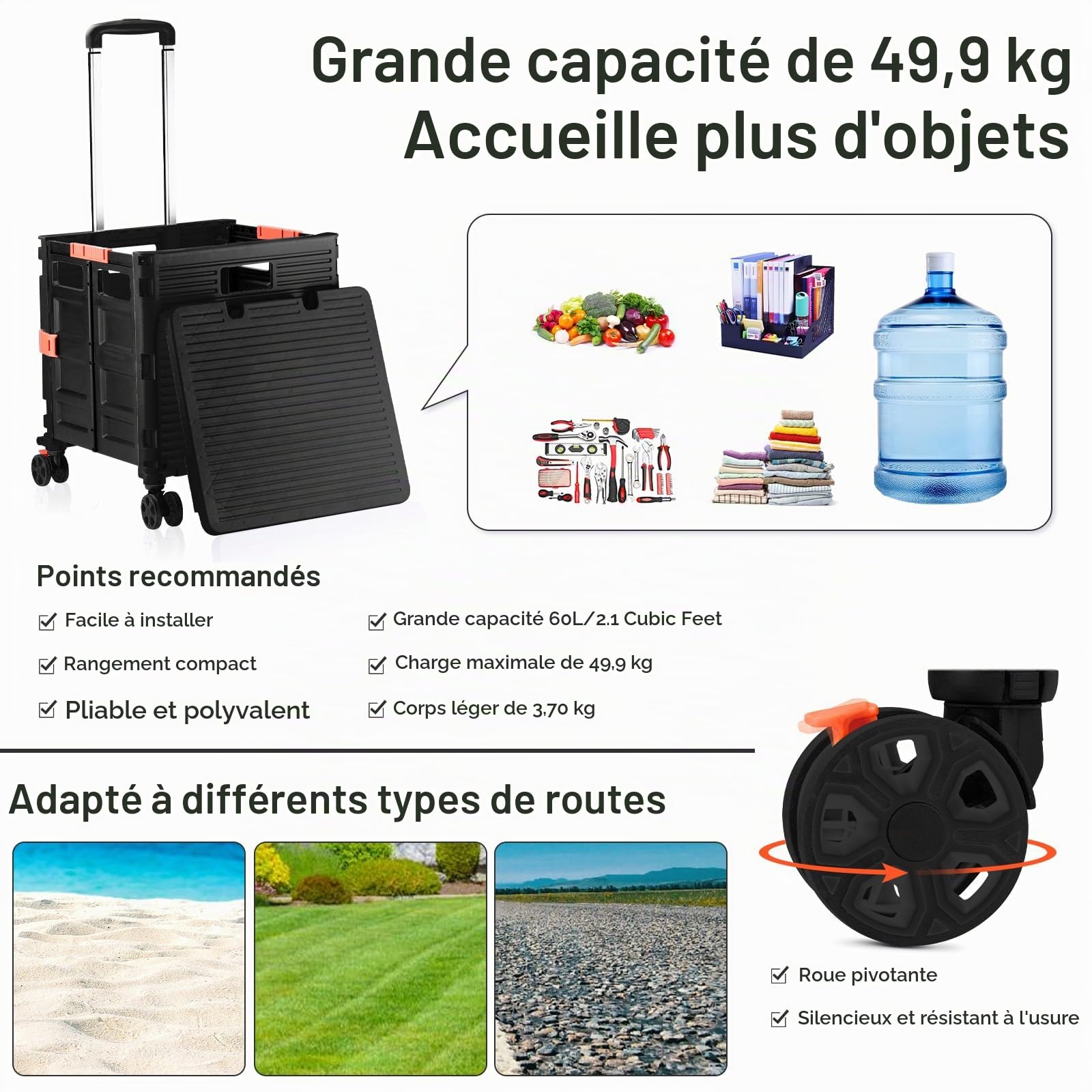 Chariot de courses pliable avec couvercle, 60 l, jusqu'à 80 kg, poignée
