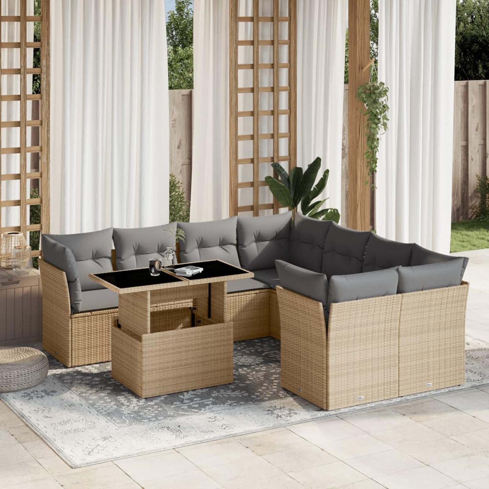 Lechnical Set Divano da Giardino 9 pz con Cuscini Beige in Polyrattan,Set di Conversazione per Patio,Set Salotto da Esterno,Set Divano da Giardino Esterno-3266429