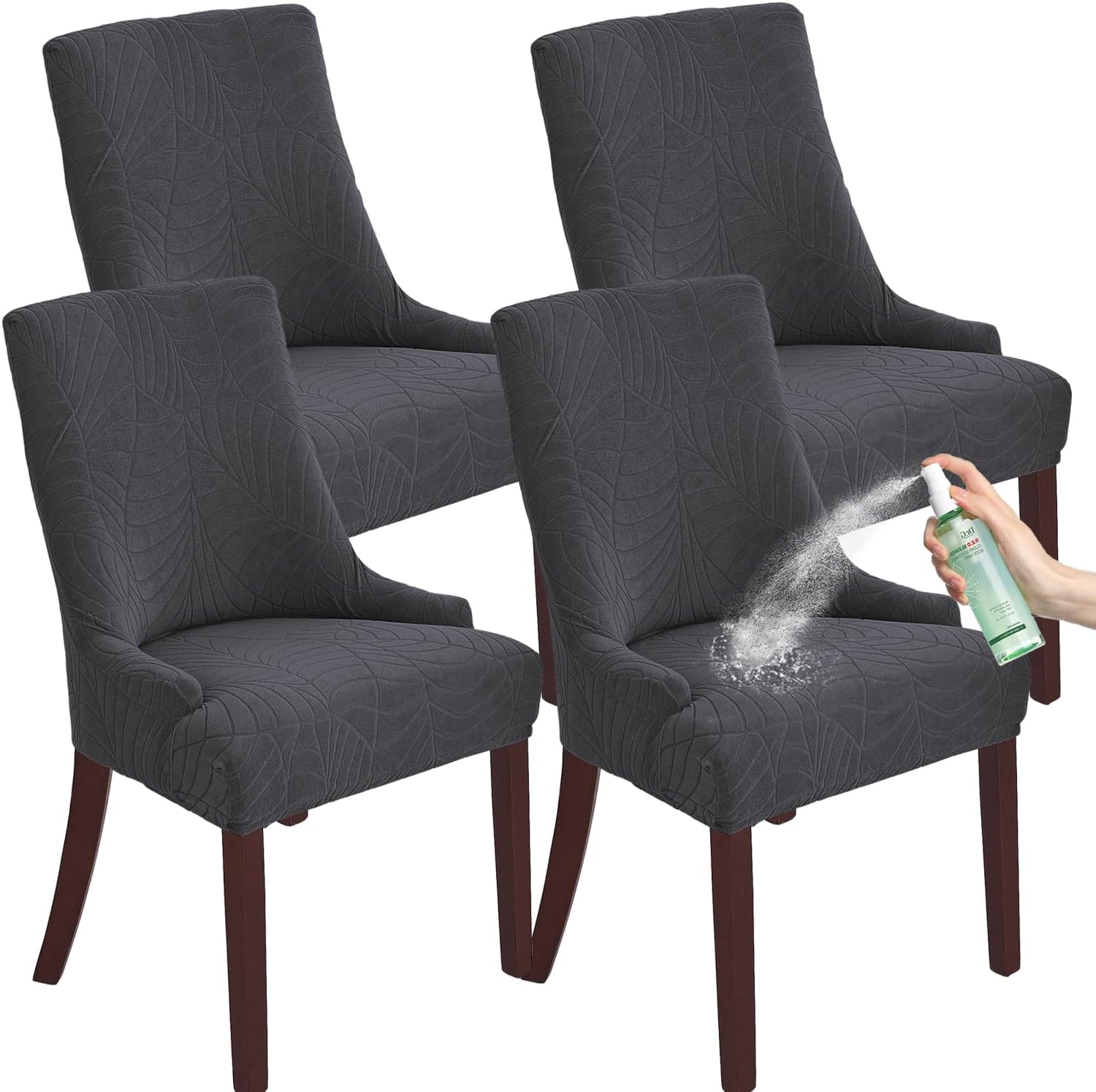Jacquard Waterproof Stretch Wingback Chair Cover Slipcover - Reusable Protector Cover for Dining Room Banquet Home Decor etc Machine Washable Hand Washable (Dark Grey,4PC)