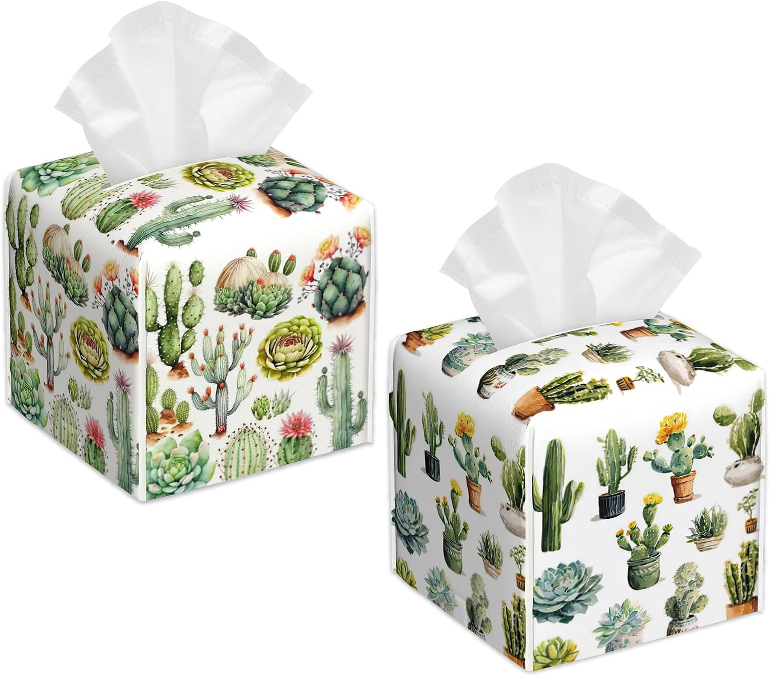 Groovy Cactus Tissue Box Holder, Leather Tissue Box Cover Square, Paper Facial Decorative Tissues Cover for Bathroom Home Car Nightstand Vanity Desk, 2 Pcs