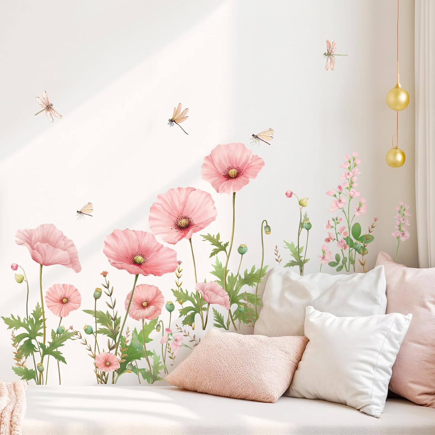 SHUCHING Pink Flower Wall Decals Peel and Stick, Vinyl Poppy Floral Wall Sticker, Wall Decor Art for Girl Bedroom Living Room