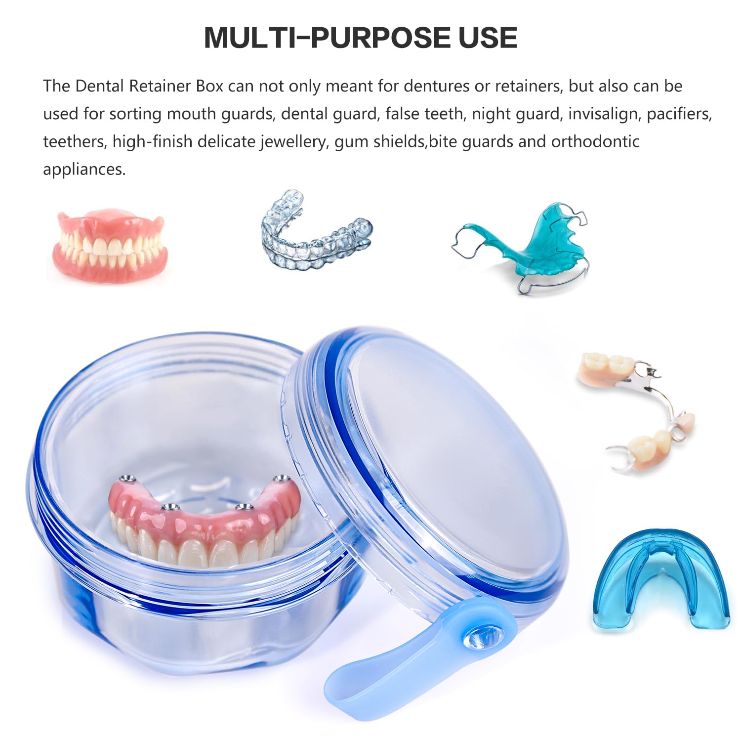 Custodia da bagno portatile per protesi dentarie con coperchio a prova di perdite, contenitore per denti falsi, paradenti, custodia da bagno per viaggi, casa, ufficio, blu trasparente