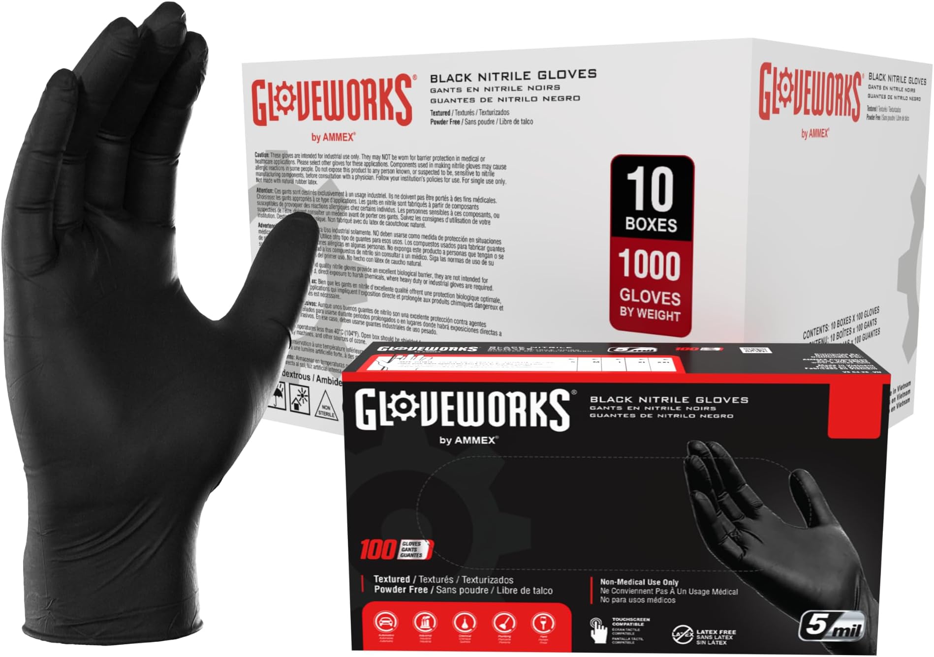 GlovePlus Industrial Black Nitrile Gloves, 5 mil, Latex Free, Powder Free, Textured, Disposable, GPNB (Extra Large - Case of 1000)