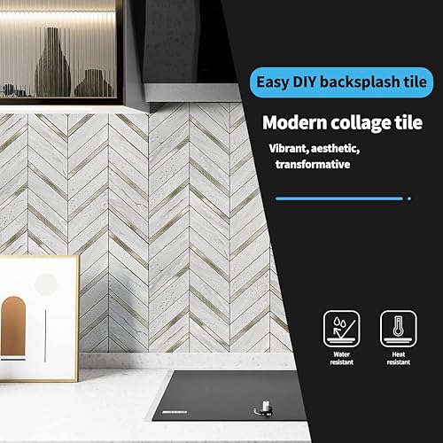 Miniatura 3 de Art3d 1 hoja de espiga para despegar y pegar, azulejos de mármol autoadhesivos para azulejos de pared para cocina, baño (mármol blanco)