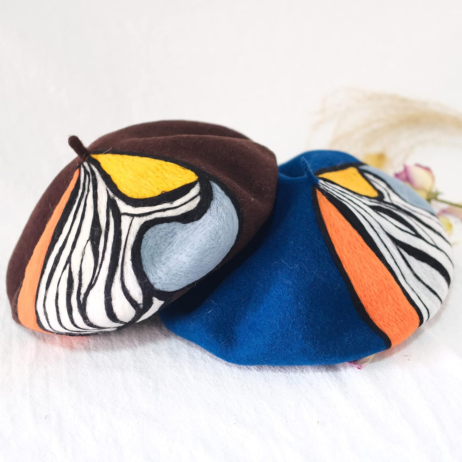 QIUNEYY French Women Wool Beret Stripe Style Beret Handmade Wool Felt Beret hat (Dark Blue)