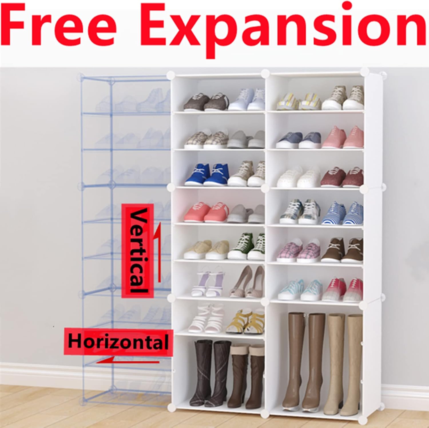 Modular shoe rack showing vertical and horizontal expansion options