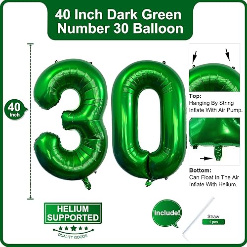 Miniatura 2 de Lovoir Globo verde oscuro de 40 pulgadas, 30 dígitos gigantes, helio verde oscuro para fiesta de 30 cumpleaños, decoraciones de celebración de