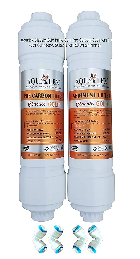 Aqualex, Pokar RO, Classic Gold Inline Pre-Carbon Filter + Sediment Filter, Suitable for Kent, Aquagaurd & Other All Major Brand & Non Brandad RO Water Purifier