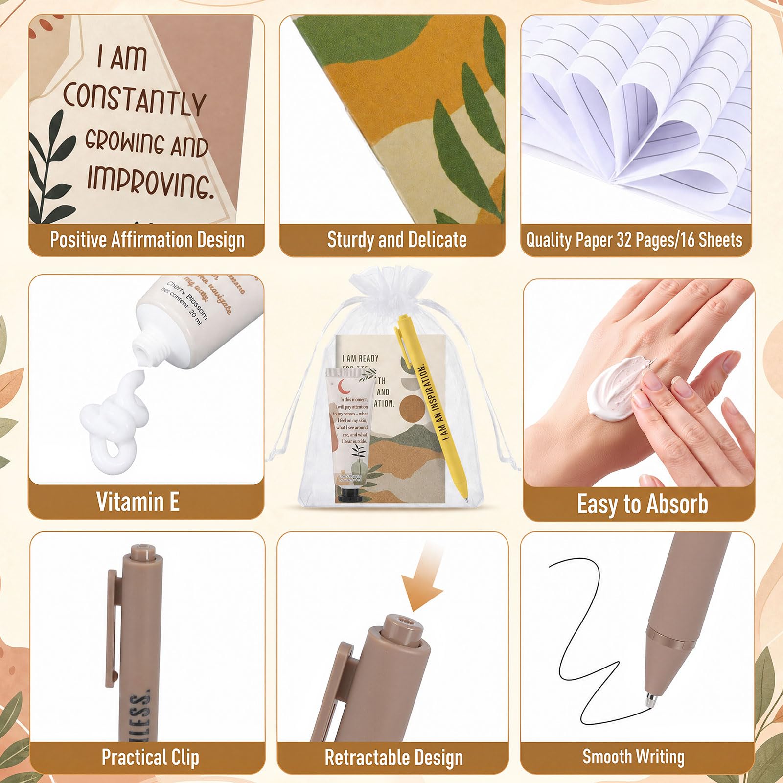 Mooliwe Set regalo Boho Affirmation da 96 pezzi - 24 mini taccuini ispiratori, 24 penne a sfera motivazionali, 24 tubi per crema per le mani con 24 sacchetti di organza per donne regali per la cura di