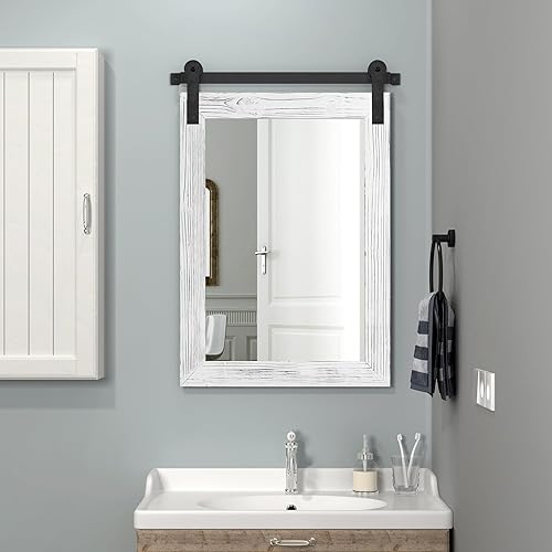 Miniatura 2 de Espejo de baño de granja, 30 x 21 pulgadas, marco de madera rústica, espejo de puerta de granero para entrada, sala de estar, decoración de pared de