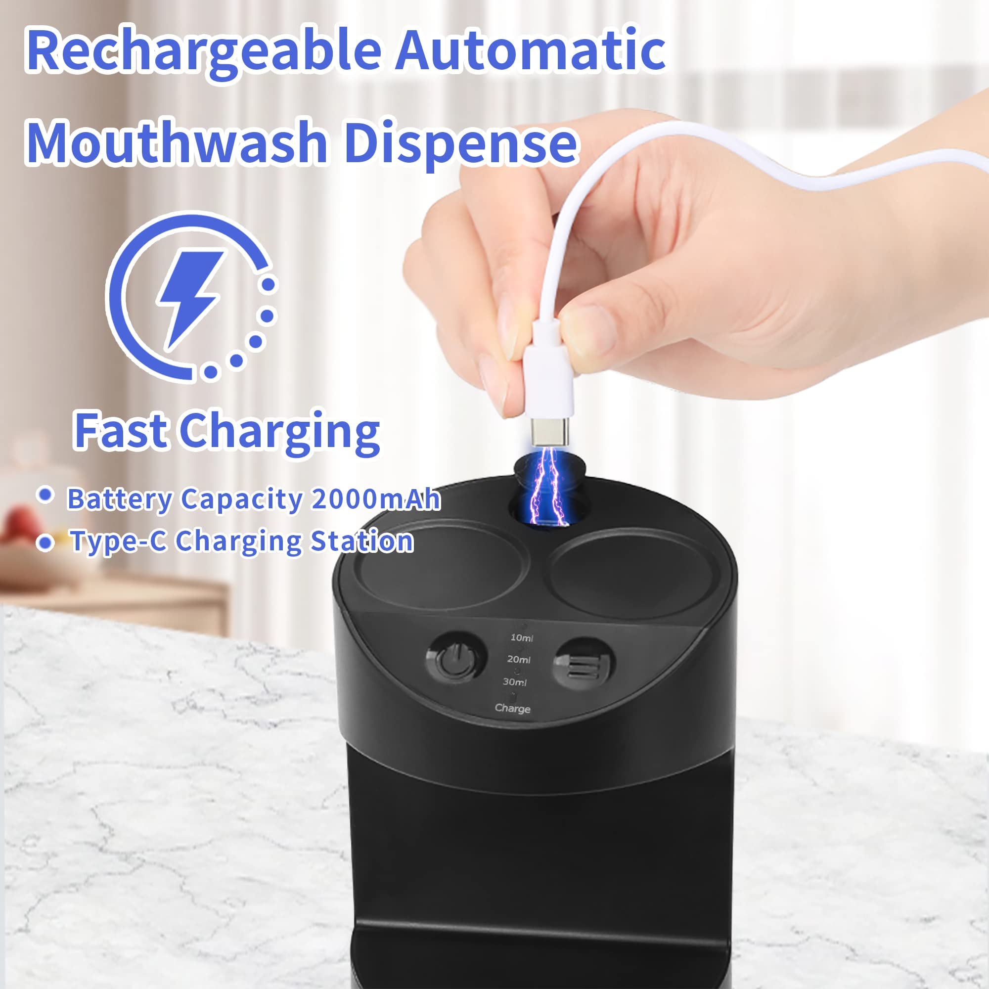 Automatic Mouthwash Dispenser for Bathroom,Bathroom Accessories 19.4 Fl Oz Dispensers with Magnetic Cups,3 Adjustable Dispensing Levels, Wall Mounted Dispenser,Suitable for All Age Groups,Black