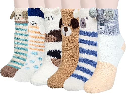 6 Pairs Womens Fuzzy Socks Winter Warm Soft Cozy Fluffy Microfiber House Sleeping Slipper Socks Christmas Gifts