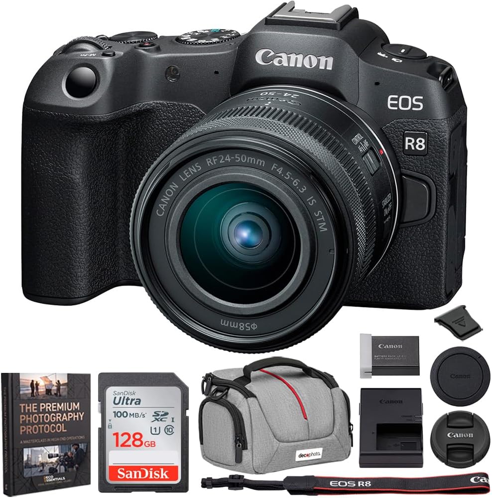 EOS R8 Full Frame Mirrorless Camera + RF 24-50mm F4.5-6.3 is STM Lens 5803C012 Bundle with Sandisk 128GB Memory Card, Deco Essentials Camera Bag, Premium Photography Pro Ebook and More