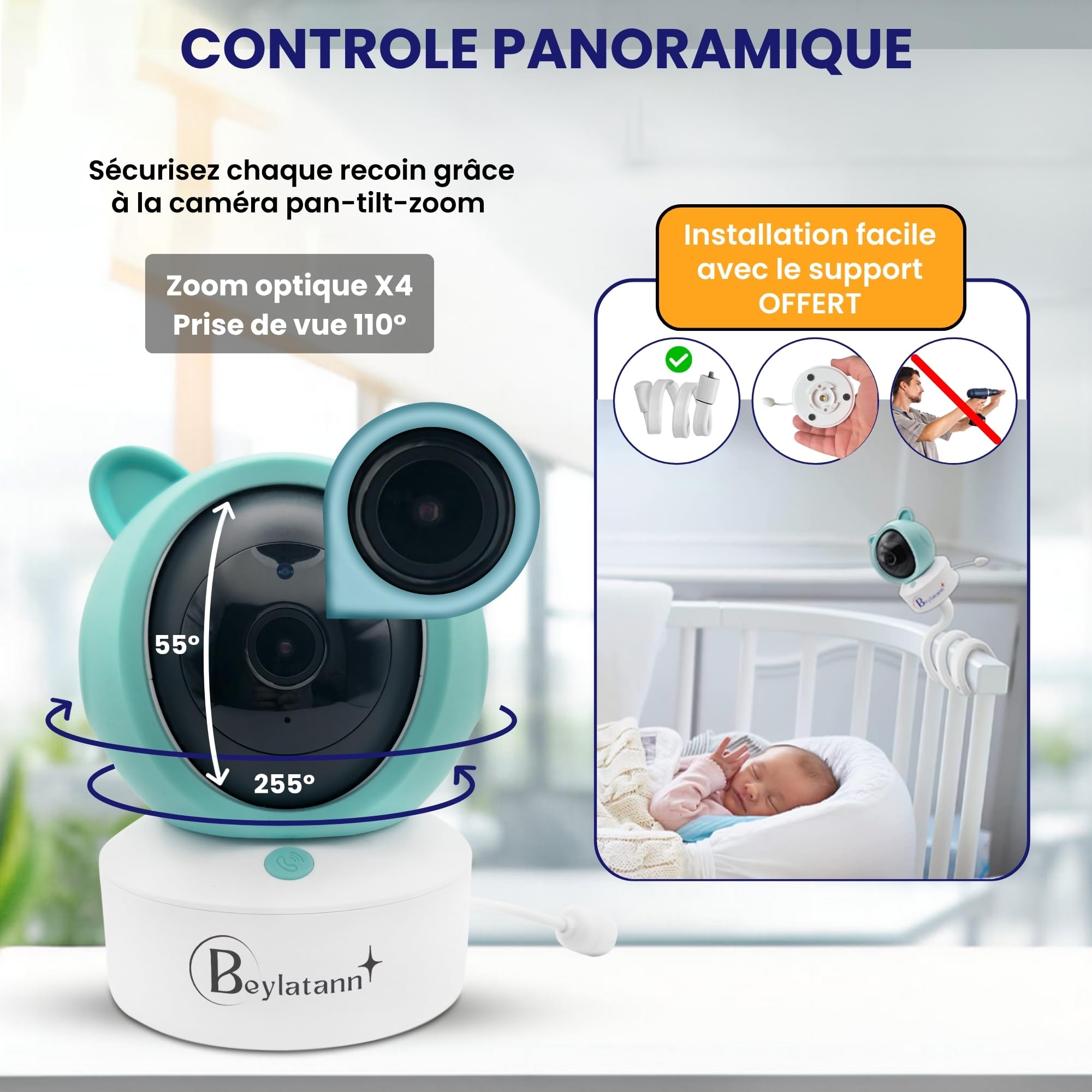 Babyphone Camera 2K + Moniteur vidéo 5" LCD-IPS + Application WiFi | PTZ 355°, VOX, Enregistrement, Surveillance Mouvements, Berceuses | Baby Phone Monitor, Caméra Bebe | Support Offert |