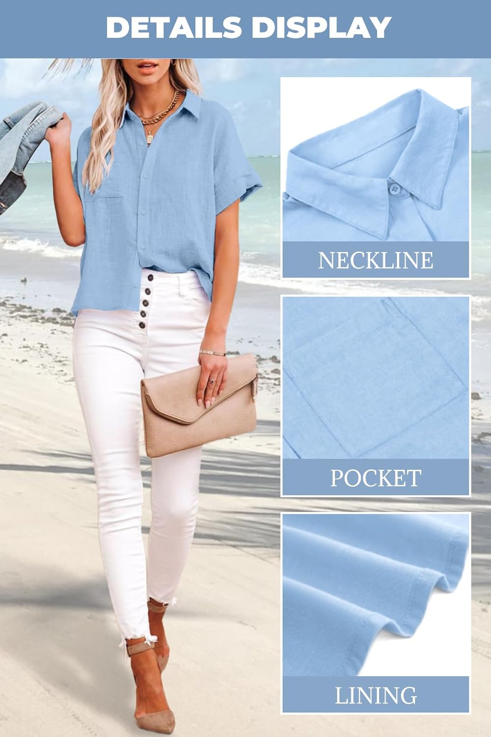 Womens Cotton Linen Button Down Shirts Short Sleeve Dress Shirts Casual Summer Tops Blouses with Pockets - Image 5