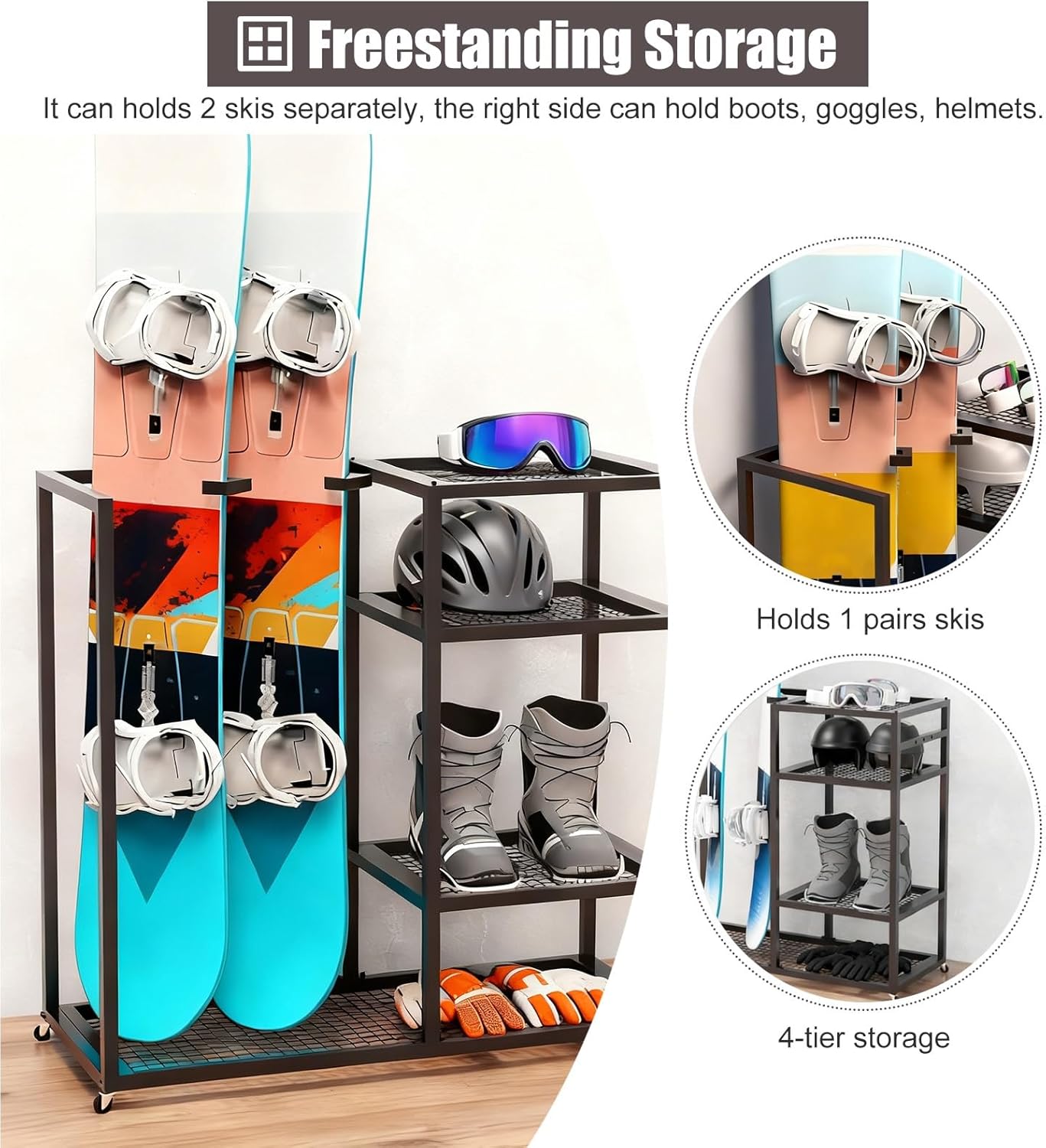 ZIMGOD Freestanding Ski Rack for Snowboard Boot Goggles Helmet, Garage Organization and Storage System, Sport Equipment Storage Holder, Iron Snowboard Stand