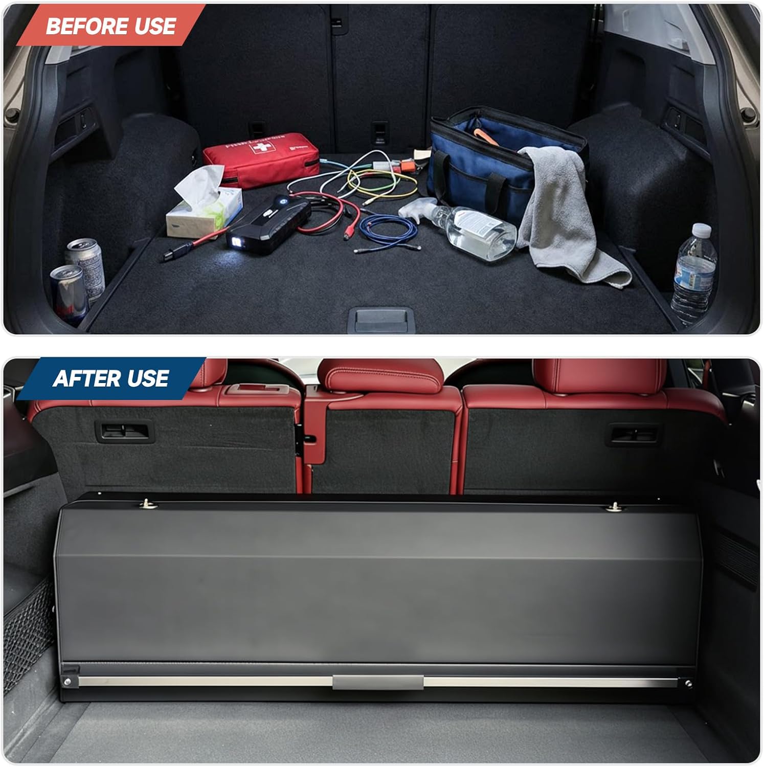 Trunk Organizer SUV with LED Light, Waterproof Leather Car Trunk Storage Organizer with Lights, Large Capacity Sturdy Car Storage Box Powered by 4 AA Batteries (Batteries Not Included)