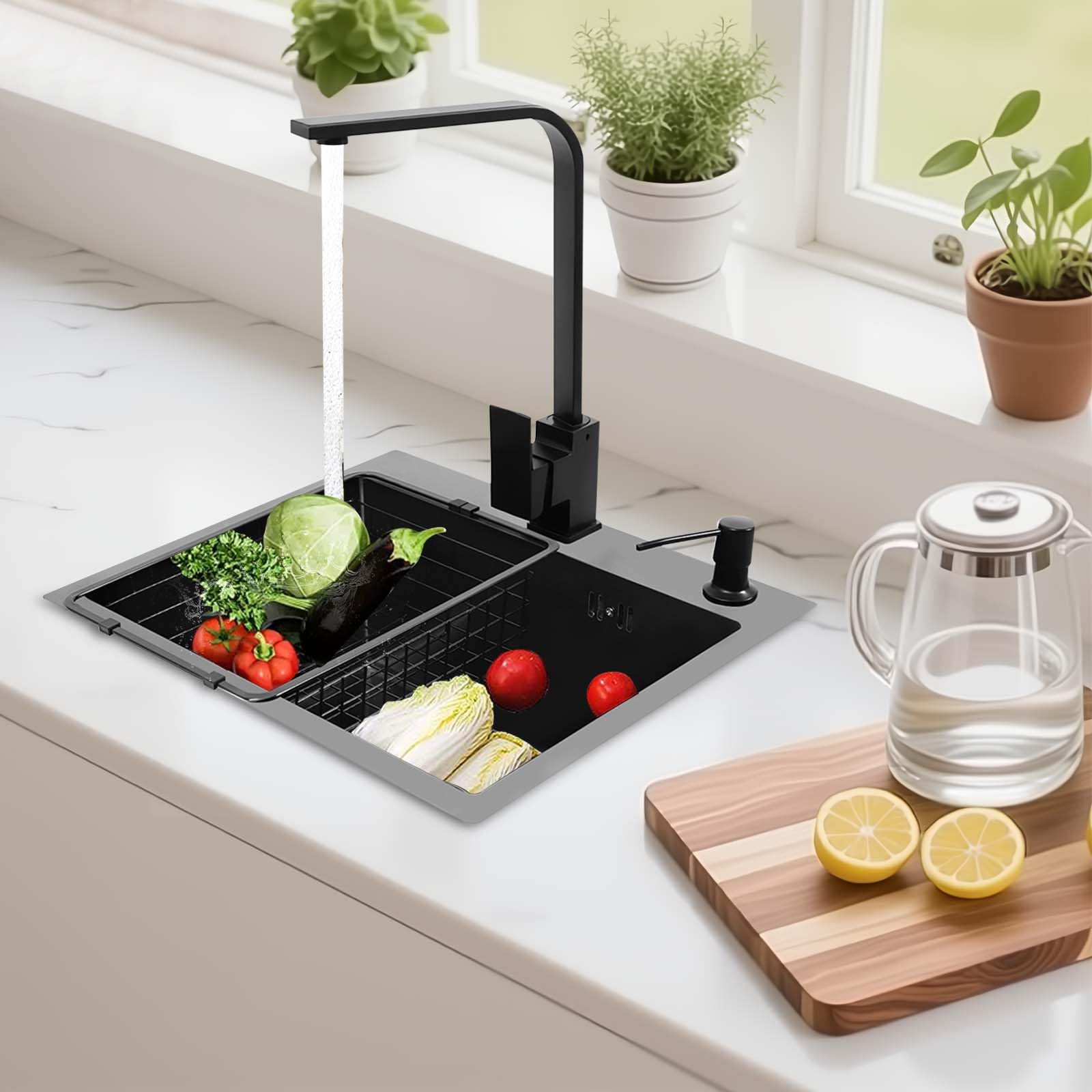 Negro 40 x 45 cm, fregadero de cocina de acero inoxidable 201, rectangular, moderno fregadero de acero inoxidable, fregadero de cocina con grifo de agua caliente y fría, dispensador de jabón