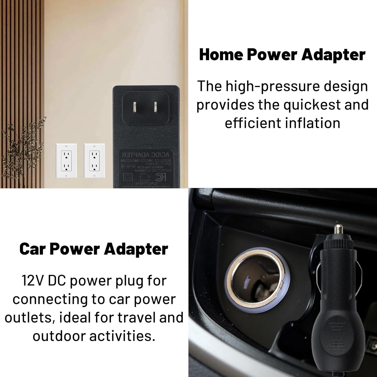 Home and Car Power Adapters for Electric Air Pump