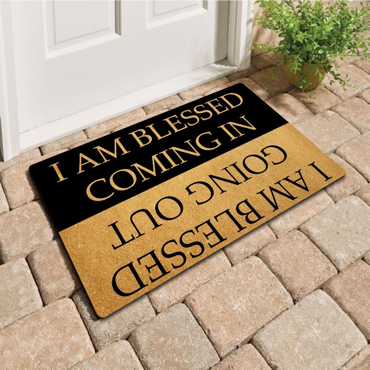 Funny Welcome Doormats Hello Doormat I AM Blessed Coming I AM Blessed Going Out Bless Doormat (17 in X 30 in) Fabric Top with a Anti-Slip Rubber Back for The Entrance Way Indoor Doormats