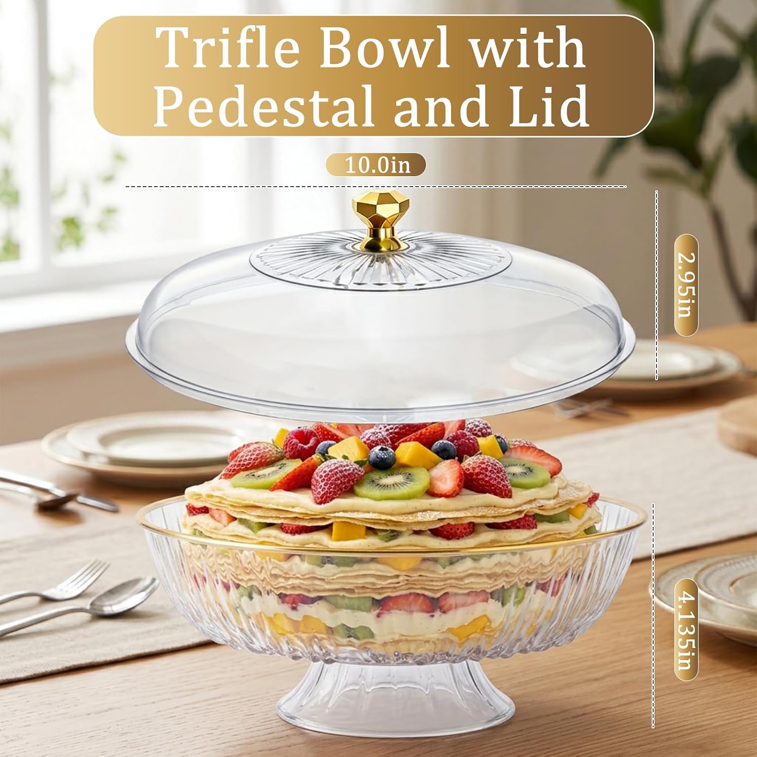 Trifle Bowl with Pedestal and Lid, 10 Inch Plastic
