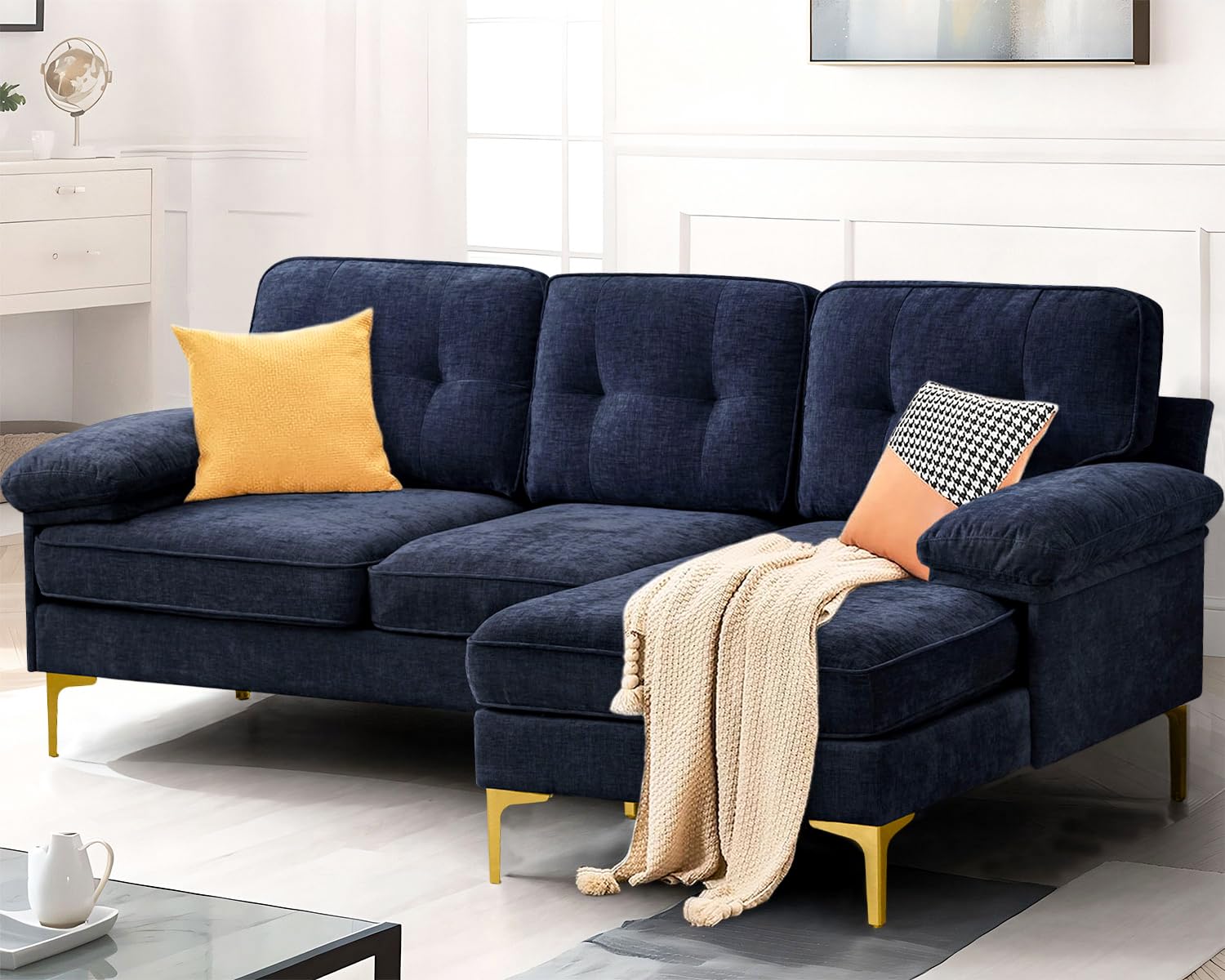 83" Navy Sectional Couch w/Chaise, Chenille Small Convertible L Shaped Sofa Couch, Mid-Modern Century 3 seat Pet-Friendly Couch for Living Room, Apartment, Office with Removable & Washable Cushions SIMILAR TO LOT PHOTO/INCOMPLETE