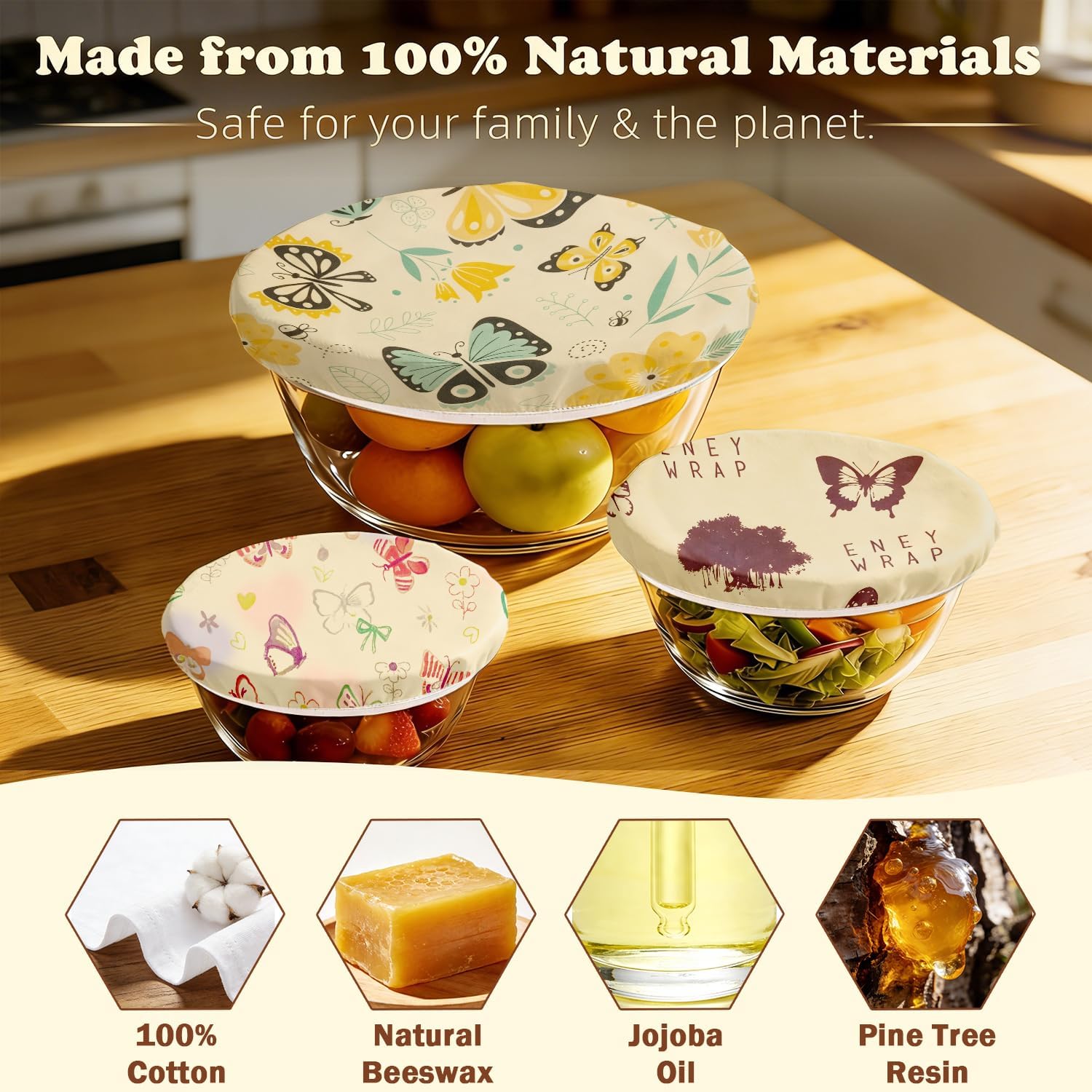 Reusable Beeswax Bowl Covers for Bread Proofing & Food Storage, Eco-Friendly Organic Cotton & Natural Wax & Resin, for Baking, Picnic, Pet Food, Sustainable Kitchen (Butterfly001, 2*12''+2*10''+2*8'')