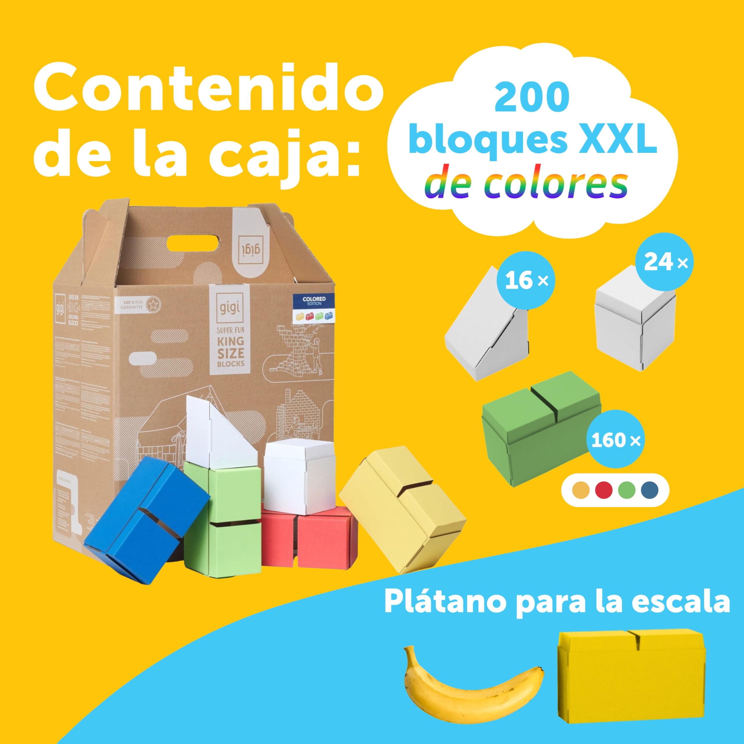 GIGI BLOKS Tamaño XXL 200 Ladrillos de Cartón Colores Encajables y Apilables | Robustos y Fáciles de Montar Grandes Bloques Construccion Niños | Kit Construcción Fuerte Niños | Juegos Educativos