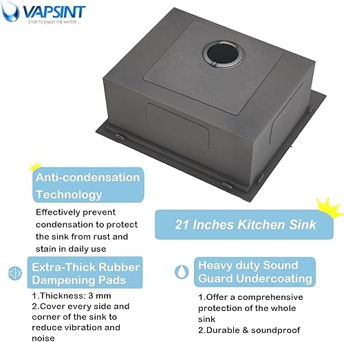 Miniatura 4 de VAPSINT Fregadero de cocina negro de 21 x 20 pulgadas, fregadero de barra de montaje superior de 21 pulgadas, fregadero de barra de montaje