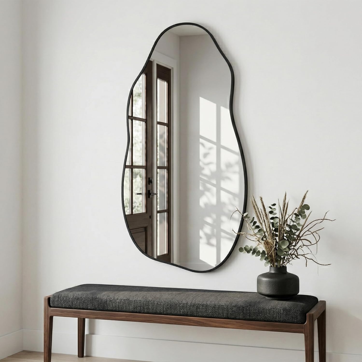 Asymmetrical Wall Mirror 36"x20", Large Irregular Mirror for Bathroom Vanity, Matte Black Rust Proof Aluminum Frame, Tempered Glass Modern Wavy Mirror for Horizontal or Vertical Decor