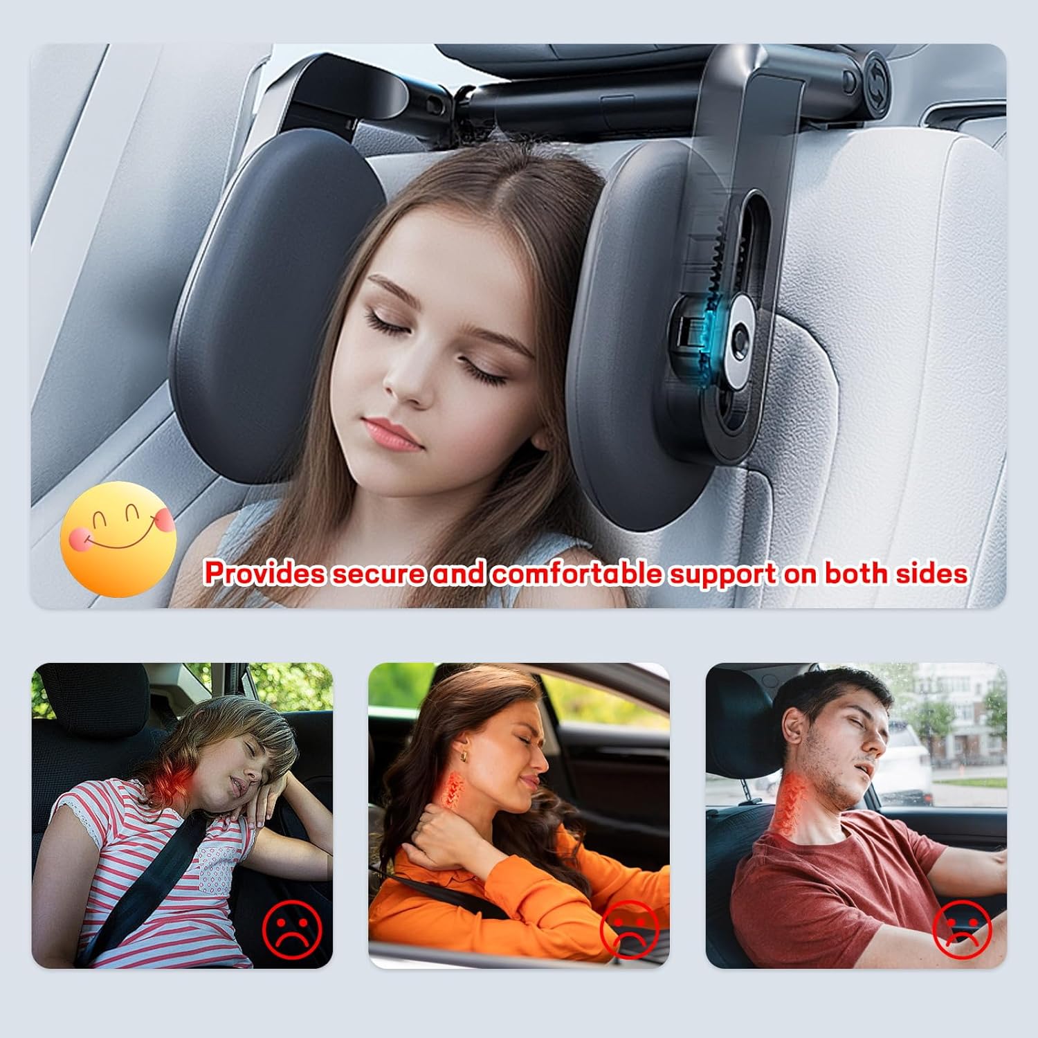 Car Headrest Pillow, 2025 New Upgrade 360° Three-Point Linkage Adjustable Car Seat Headrest, Thickened Memory Foam Road Pal Headrest, Travel Car Sleeping, Suitable for Kids and Adults