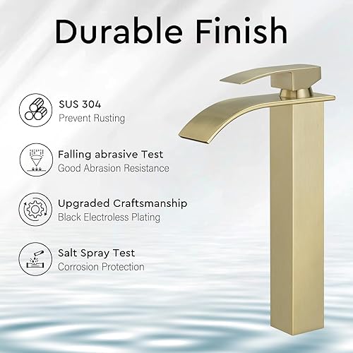 Miniatura 7 de BESy Grifo de baño con boquilla de cascada de oro cepillado, de una sola llave alta, grifo de lavabo de baño de lavabo Rv Lavabo grifo mezclador con